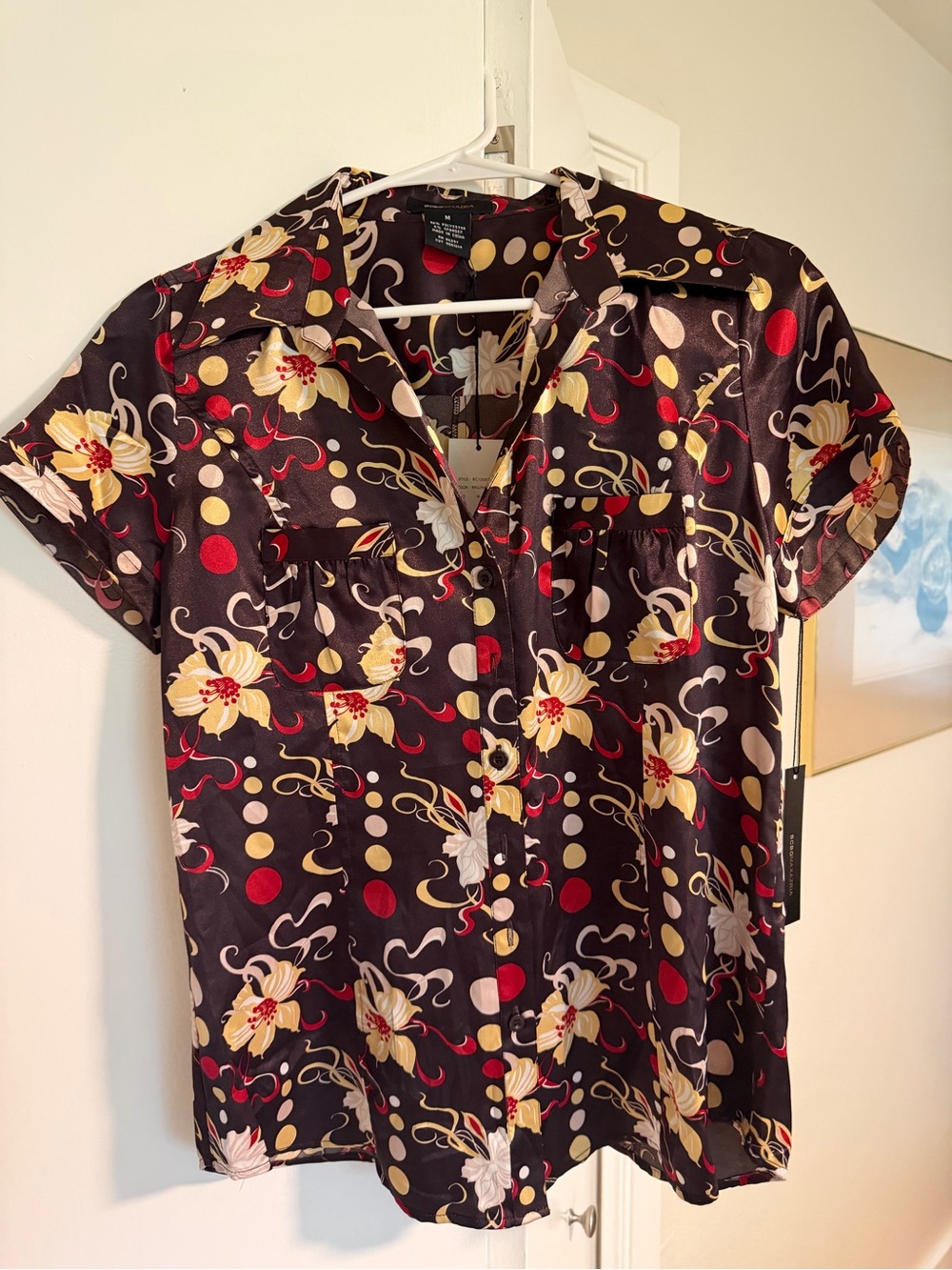 BCBGMaxAzria Brown Satin Floral & Polka Dot Blouse with Red and Cream Accents